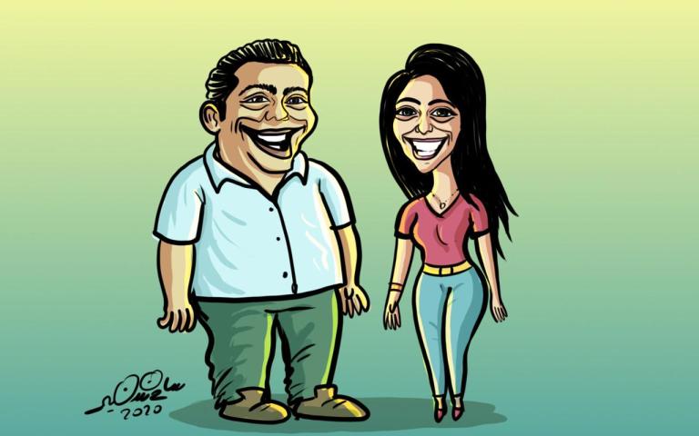 Cartoon illustration showing a smiling man and woman with exaggerated facial features, labeled Sam 2020.