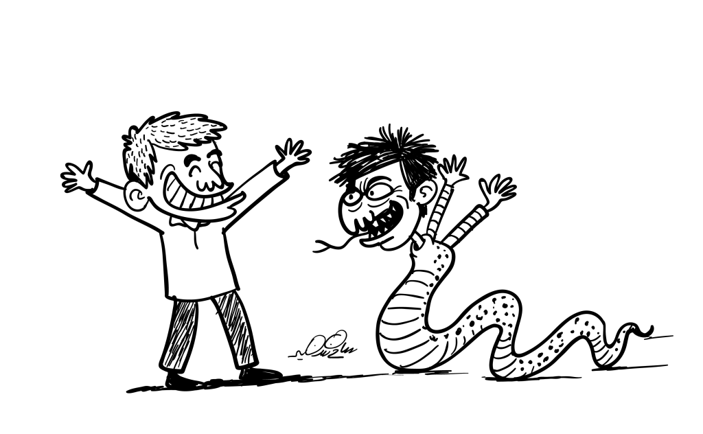 Cartoon of a smiling man and a snake-like creature with human features.