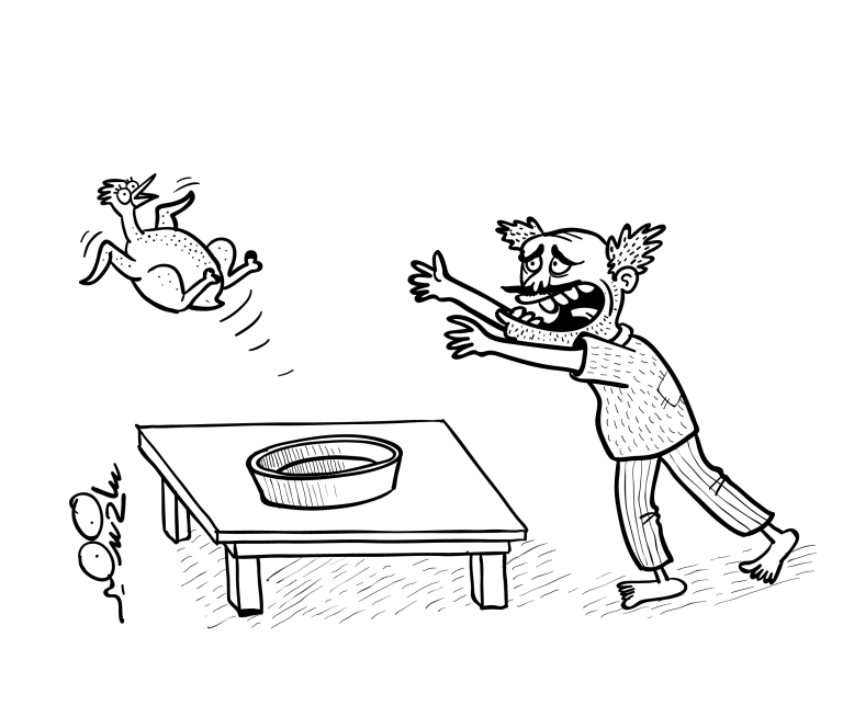 Cartoon of a man chasing a chicken flying away from a table with a bowl, shouting 'Oh mama'.