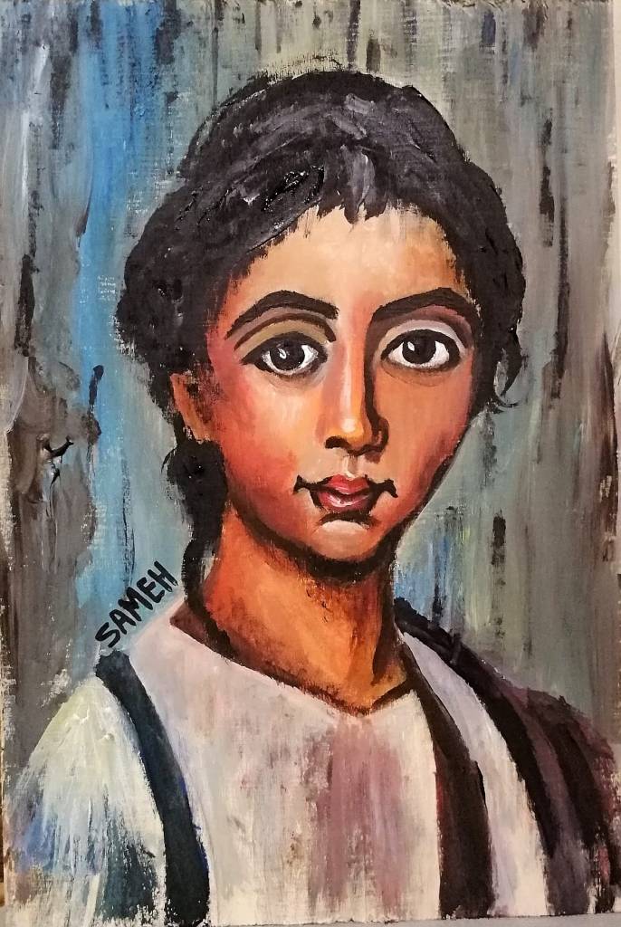 Fayum-inspired painted portrait of a young person with expressive eyes and a neutral expression by Sameh Samir