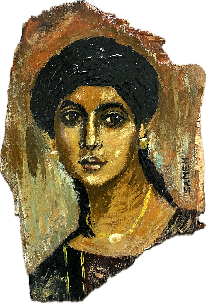 Fayum-inspired portrait painting of a woman with a headscarf by Sameh Samir