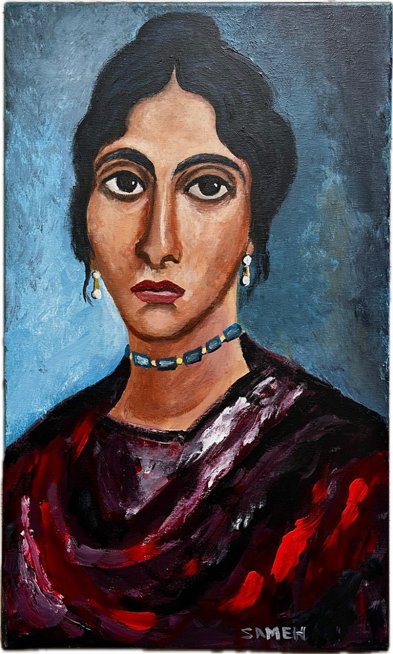 Fayum-style portrait painting of a woman with jewelry and a serious expression by Sameh Cartoon