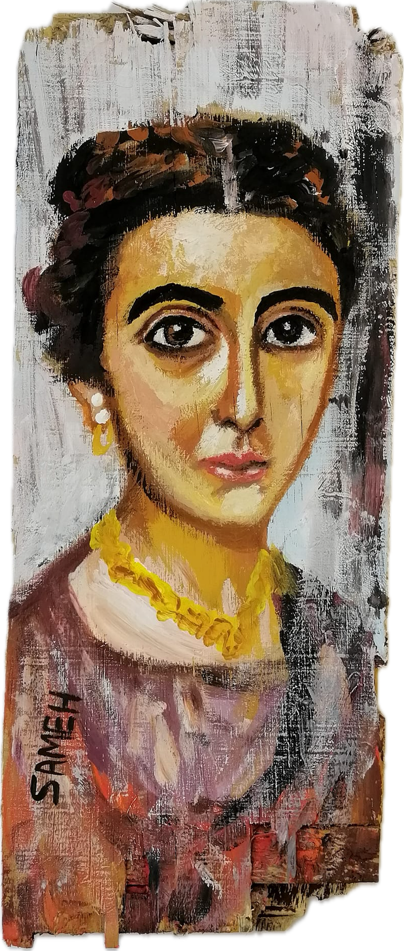Fayum-inspired portrait painting of a woman with yellow necklace by Sameh Samir
