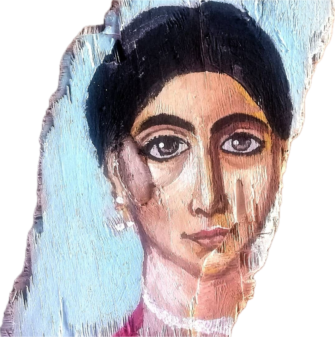 Portrait painting of a woman on textured wood inspired by Fayum mummy portraits