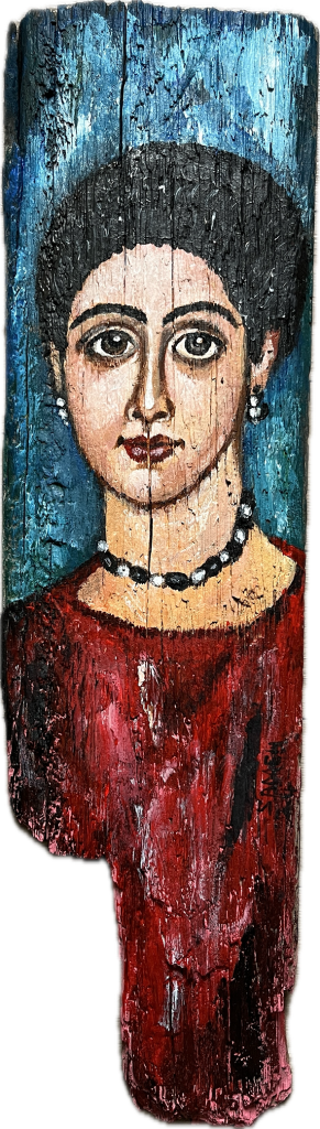Fayum-style portrait of a woman painted on a wooden plank by Sameh Samir