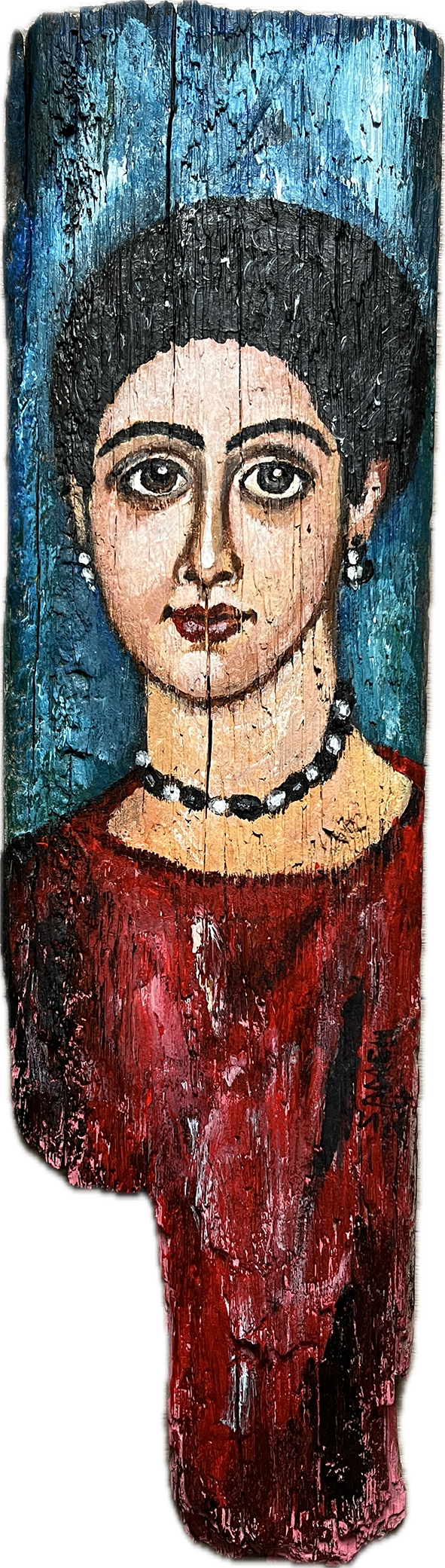 Fayum-style portrait of a woman painted on a wooden plank by Sameh Samir