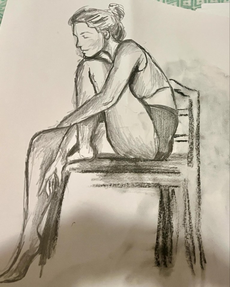 Sketch of a seated woman in a contemplative pose.