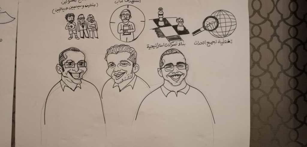 Live cartoon by Sameh Samir illustrating a business meeting at the Nile Ritz Hotel in Cairo for Al-Ain News UAE board members, highlighting marketing ideas, strategy building, and event coverage.