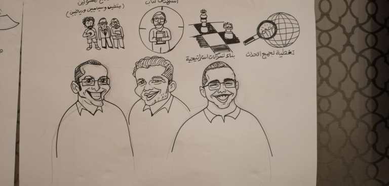 Live cartoon by Sameh Samir illustrating a business meeting at the Nile Ritz Hotel in Cairo for Al-Ain News UAE board members, highlighting marketing ideas, strategy building, and event coverage.