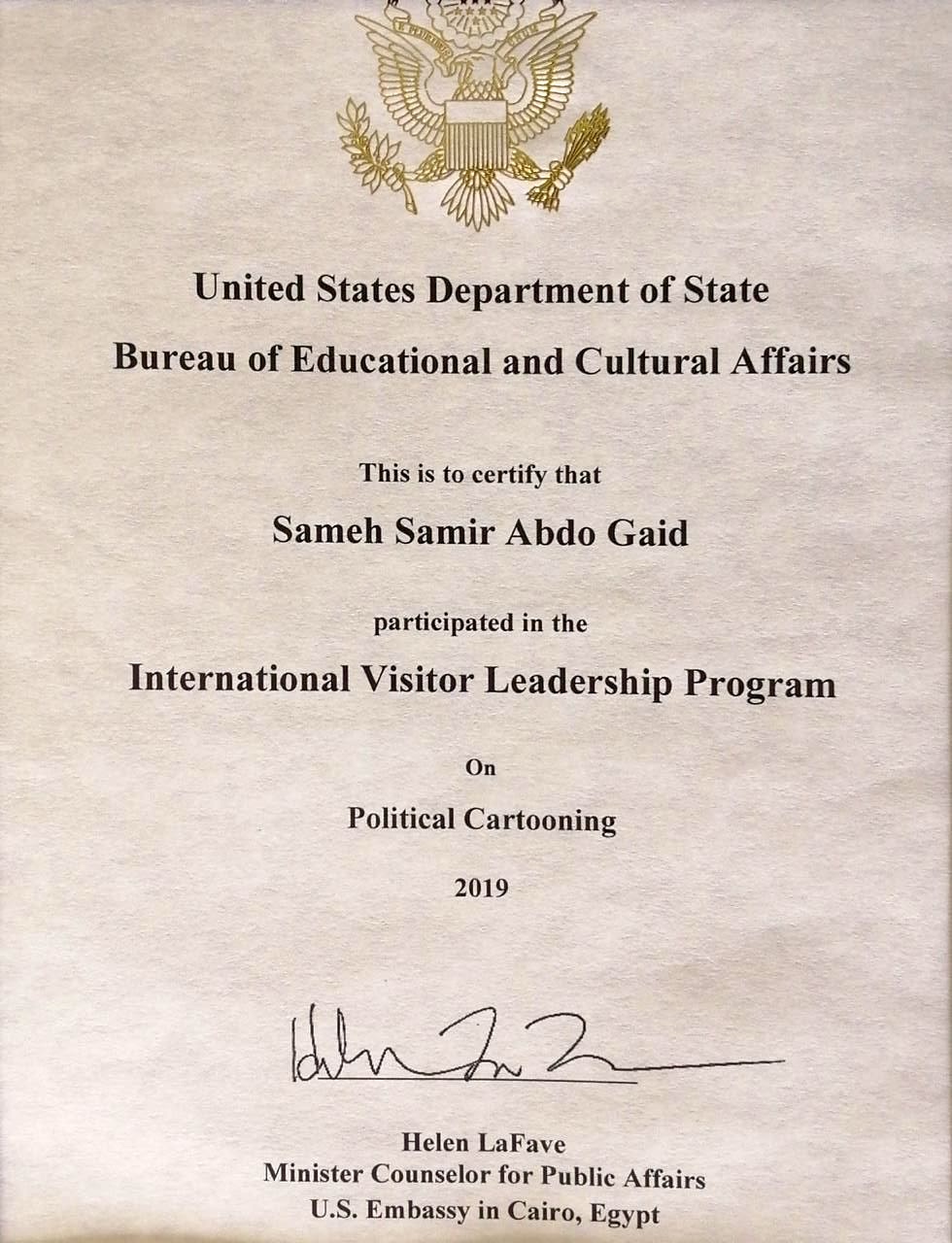 Certificate from the U.S. Department of State for participation in the International Visitor Leadership Program on Political Cartooning, 2019.