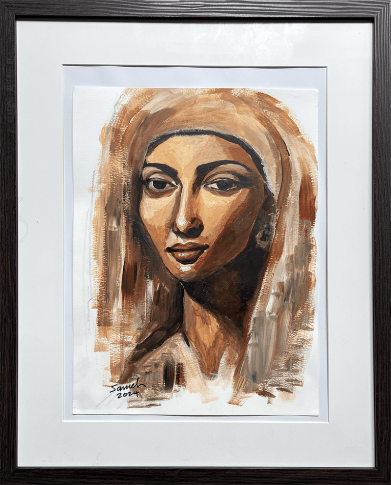 Framed painting of a woman's face with a headscarf, signed 'Sameh 2024'.