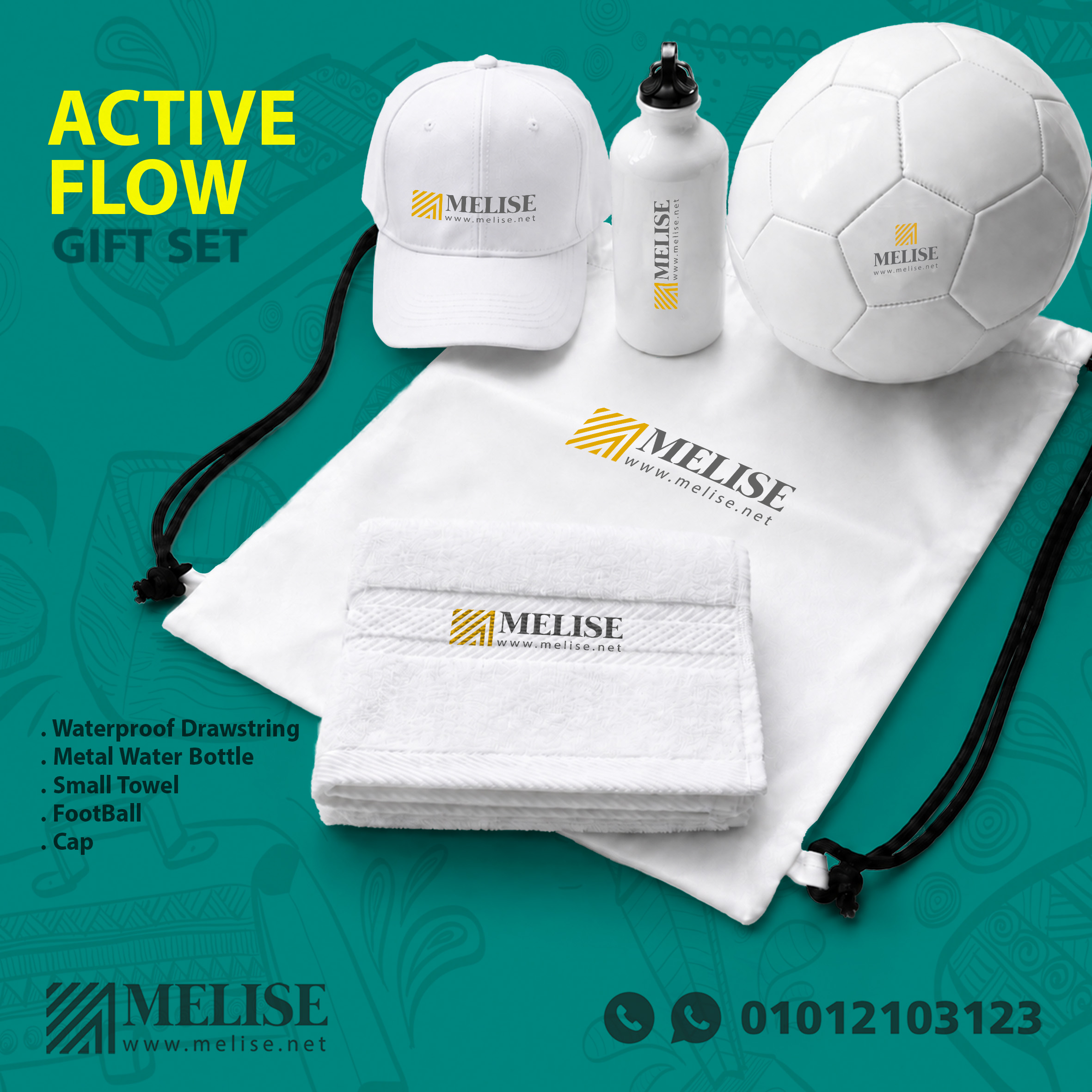 Active Flow Gift Set with waterproof drawstring bag, metal water bottle, towel, football, and cap for corporate gifts