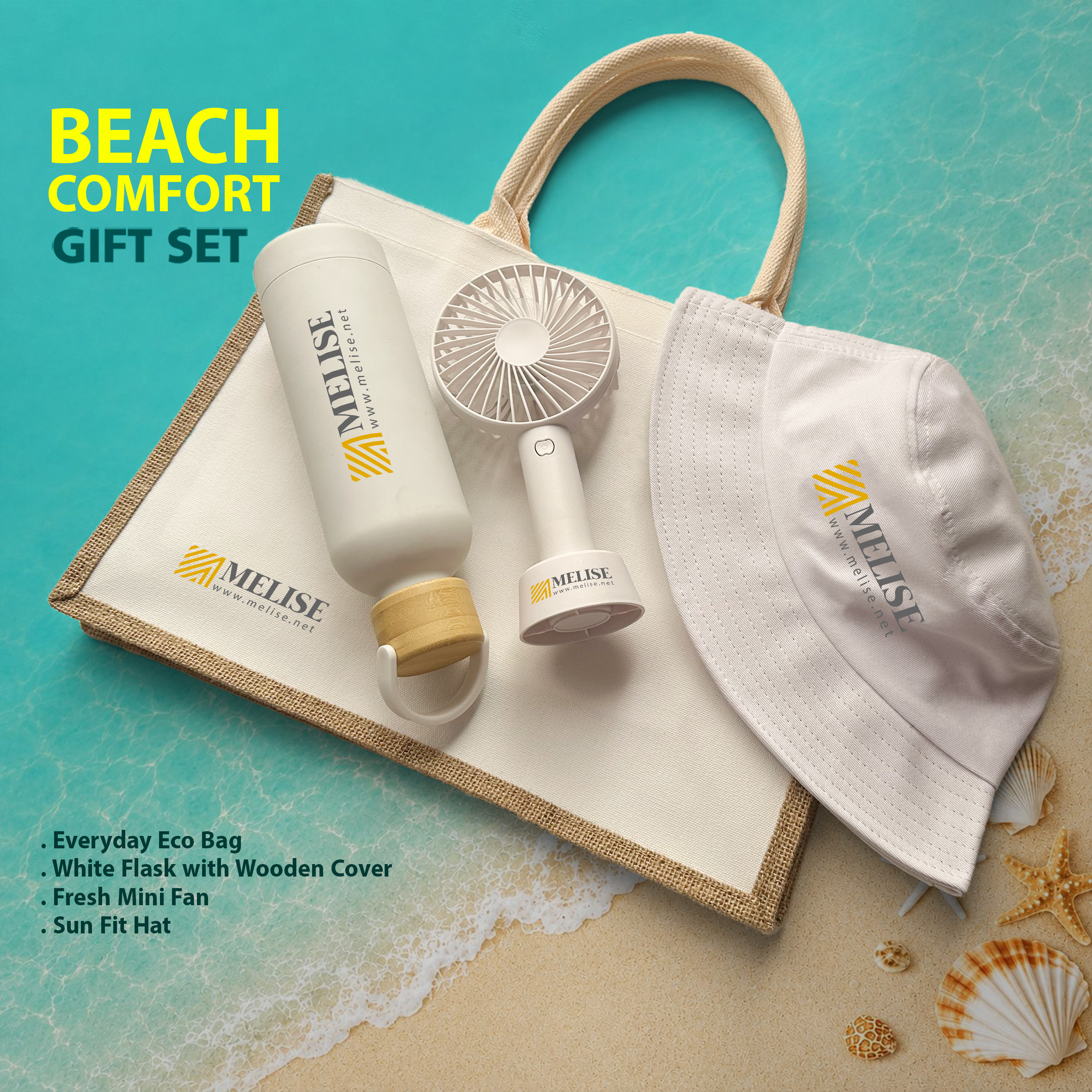 Beach Comfort Gift Set with custom logo engraving including towel, flip-flops, and beach accessories in elegant packaging