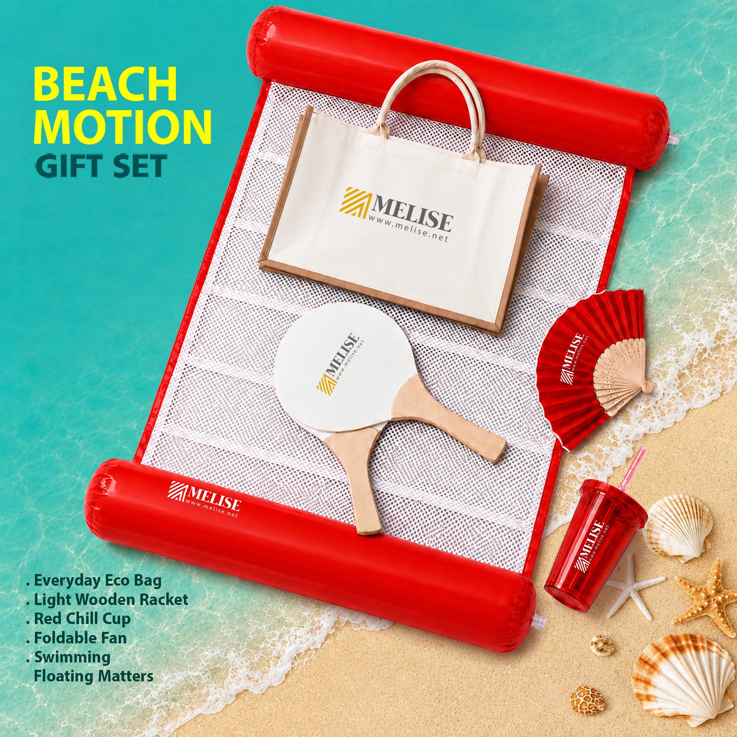 Beach Motion Gift Set featuring eco bag, wooden racket, red chill cup, foldable fan, and floating mat displayed on a beach setting