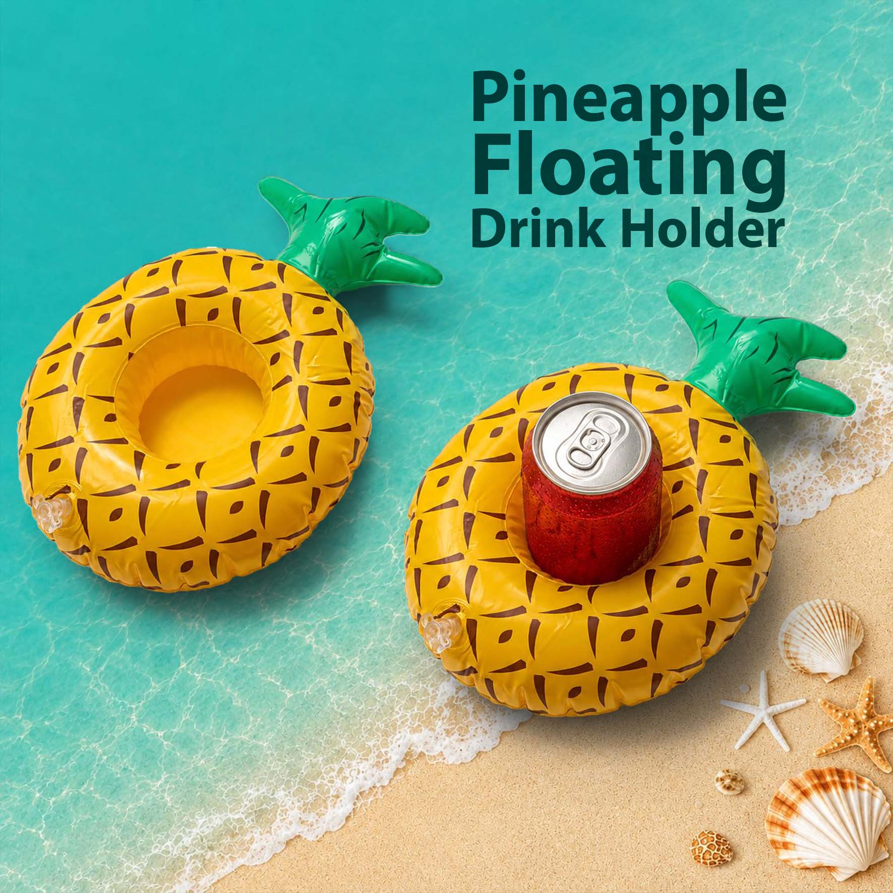 Pineapple floating drink holder in a pool with a refreshing beverage, customizable for corporate branding