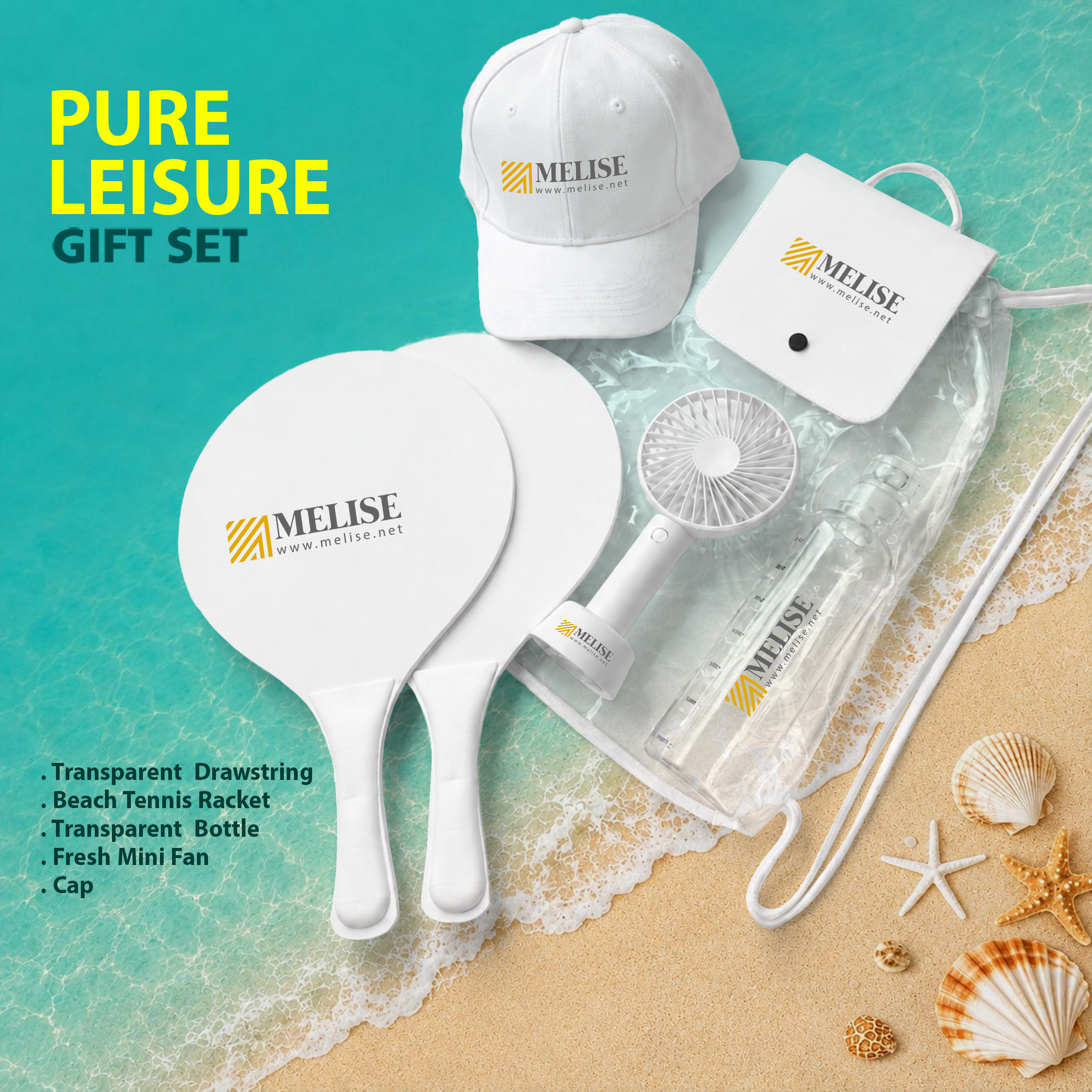 Pure Leisure Gift Set with transparent drawstring bag, beach tennis racket, transparent bottle, mini fan, and cap for summer fun