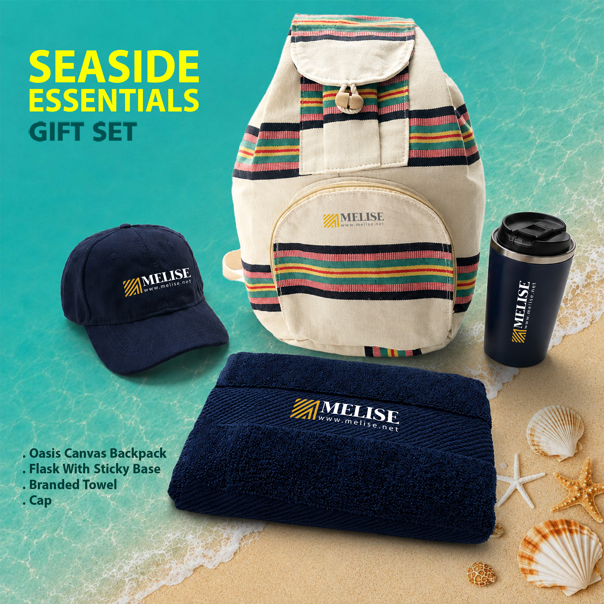 Seaside Essentials Gift Set with custom logo branding including stylish fabric items for comfort and summer use