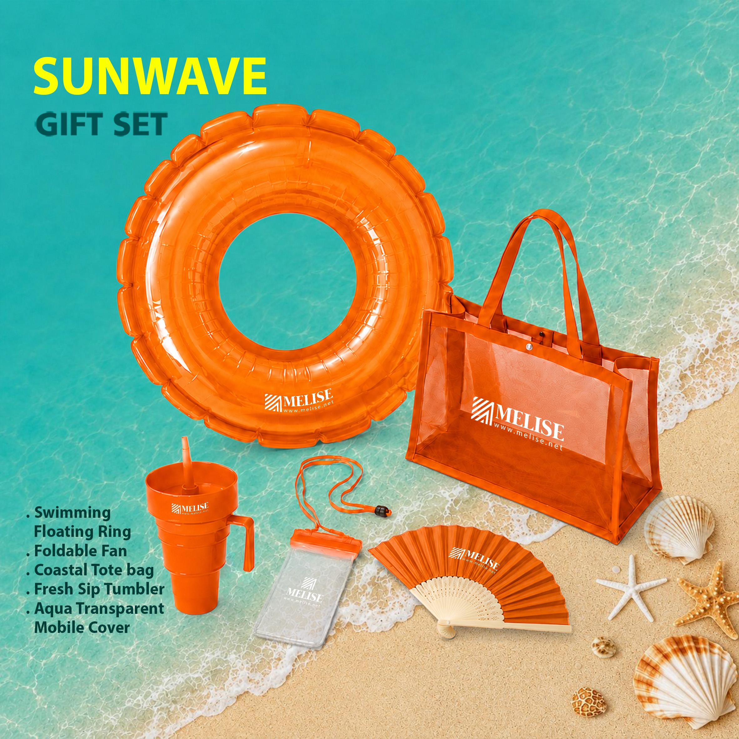 Sunwave Gift Set featuring a swimming floating ring, coastal tote bag, fresh sip tumbler, aqua transparent mobile cover, and foldable fan