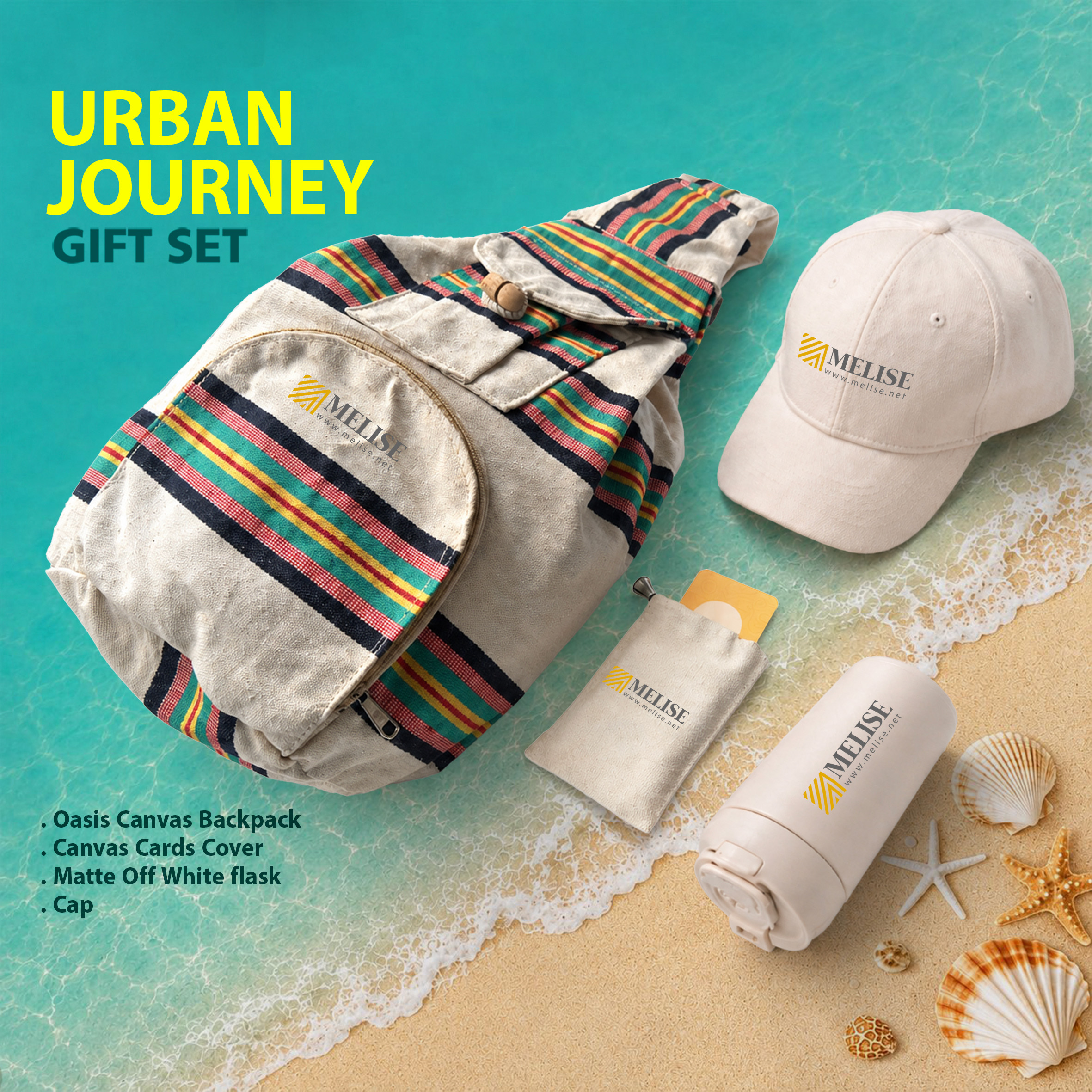 Urban Journey Gift Set including canvas backpack, card cover, matte off-white flask, and branded cap customized with company logo