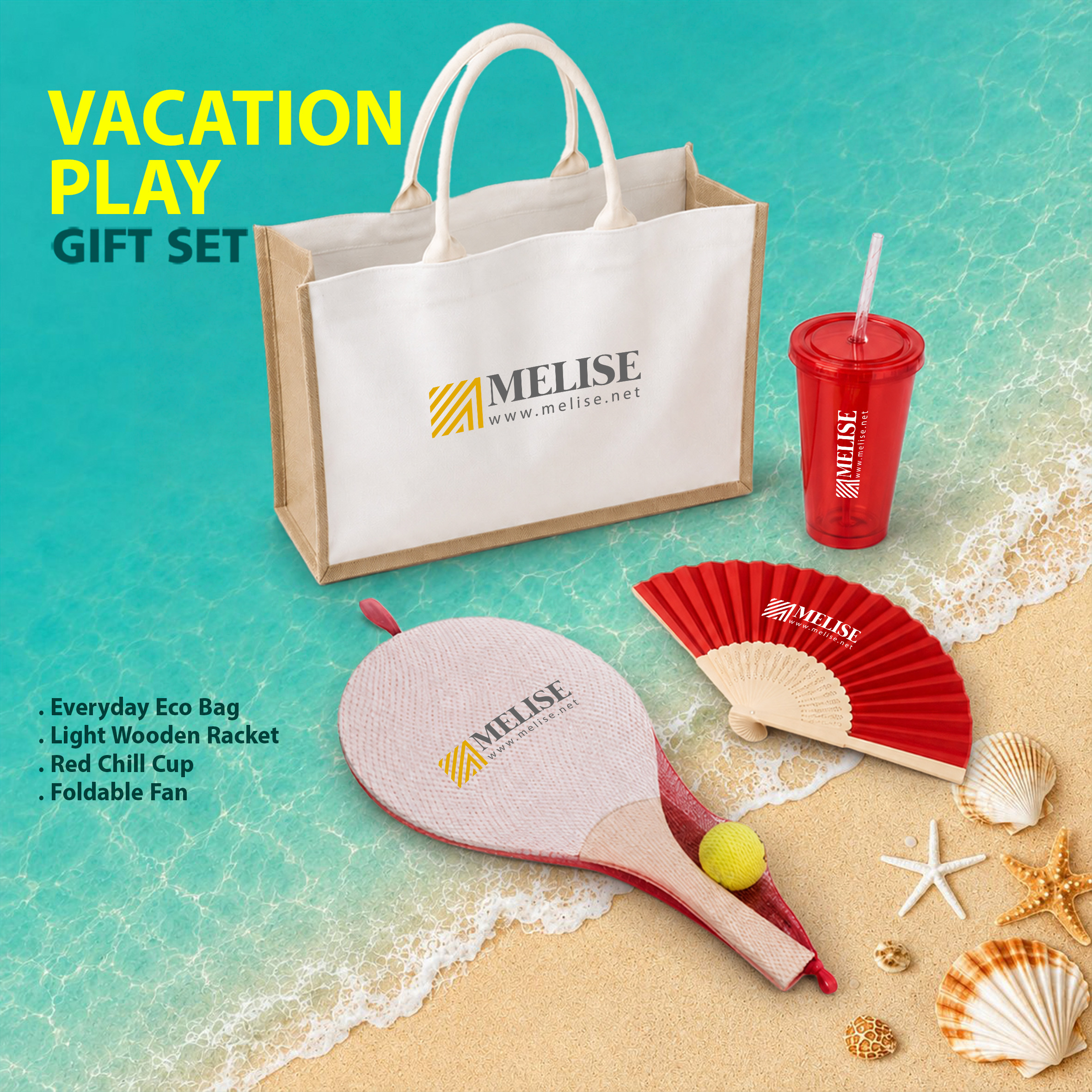 Vacation Play Gift Set with eco bag, wooden racket, red chill cup, and foldable fan for summer fun