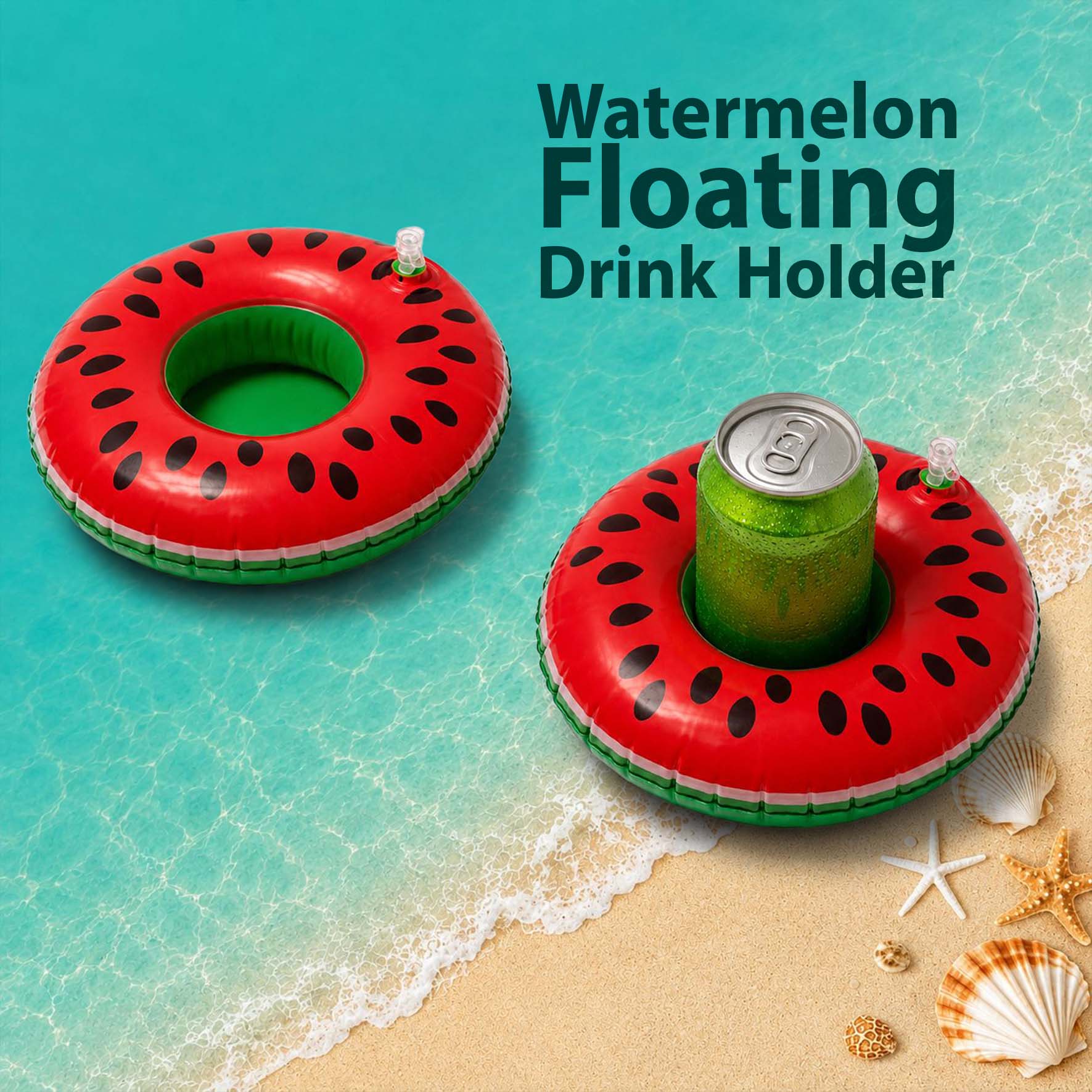 Watermelon floating drink holder in a pool holding a beverage with a customizable company logo