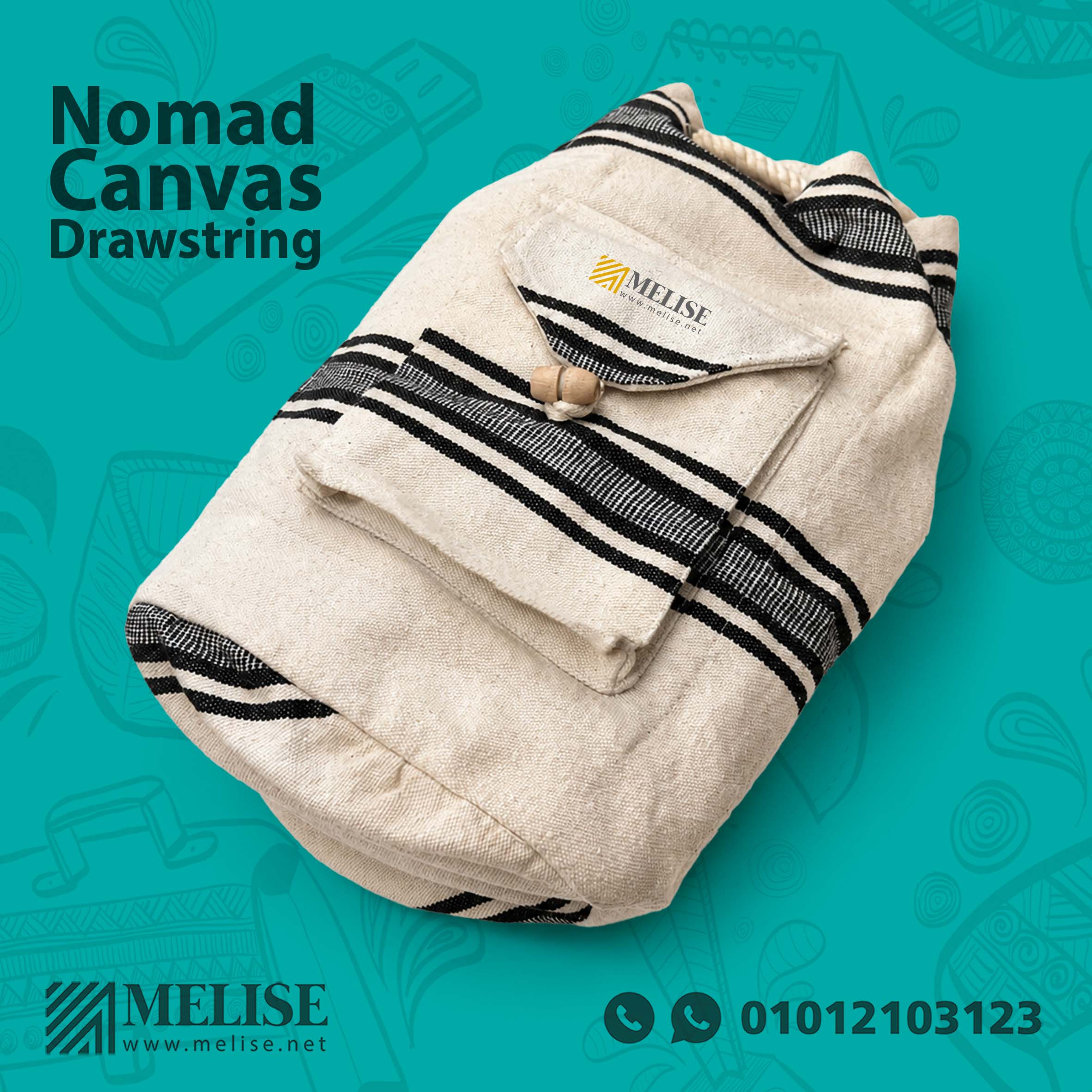Nomad Canvas Drawstring fabric bag with natural texture and embroidered logo, size 35 by 25 cm, ideal for corporate use
