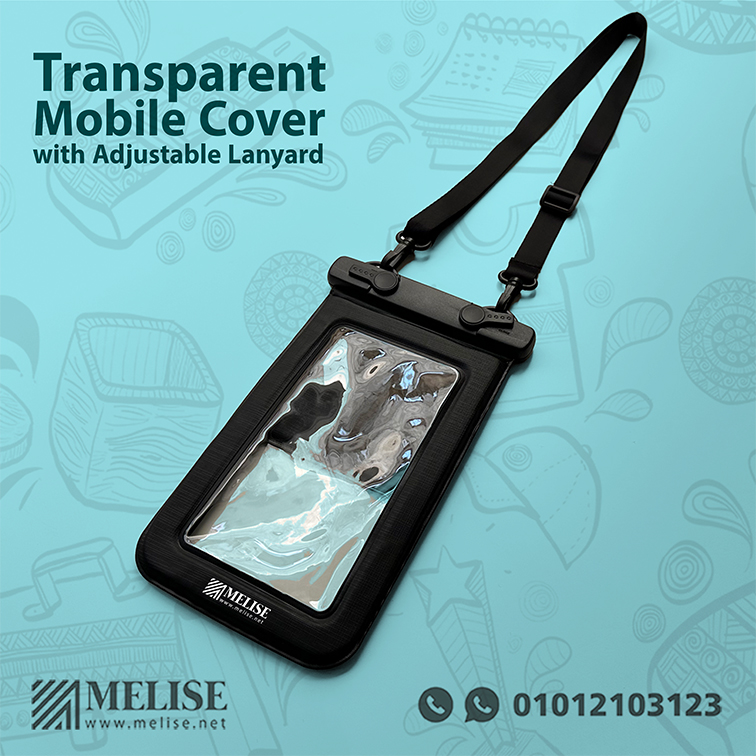 Transparent mobile cover with adjustable lanyard showcasing a protective mobile pouch customized with company logo for beach use