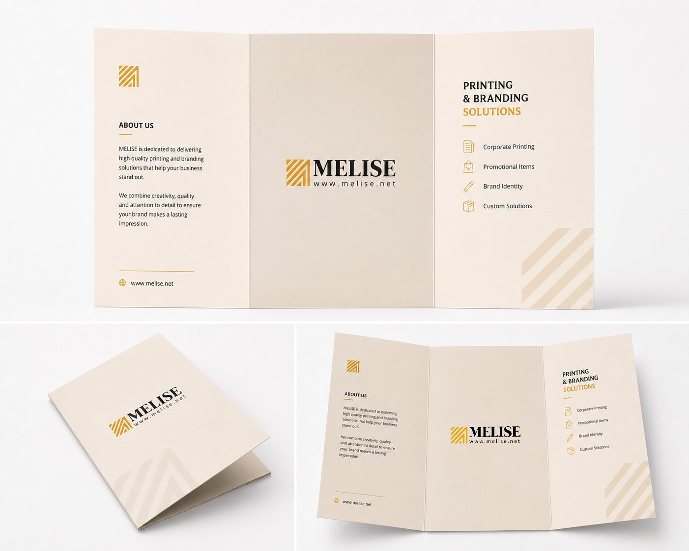 Flyer printed on high-quality coated paper showcasing custom branding options and folding styles